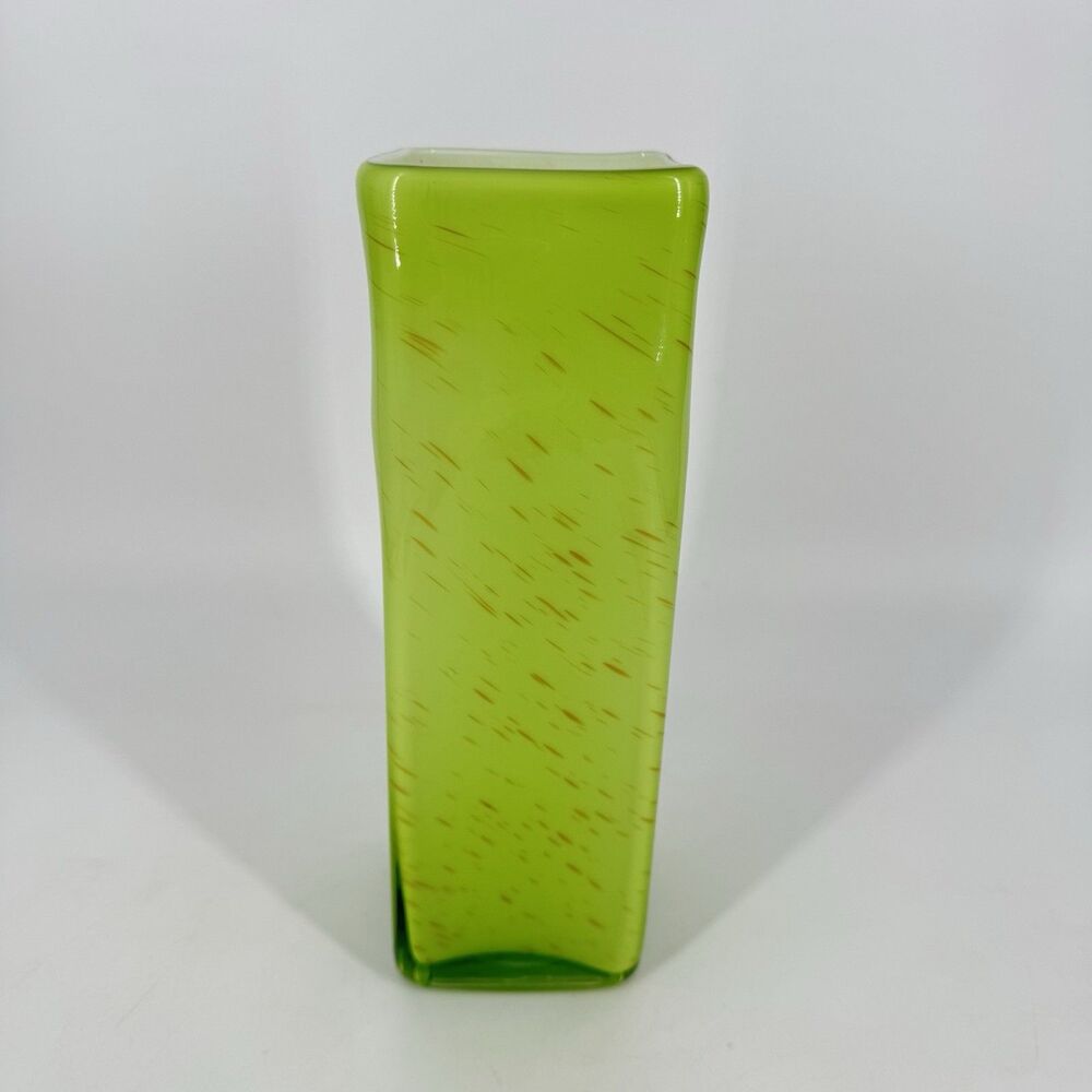 Tall Green Art Glass Vase Hand Blown Style Square Modern Speckled 9.75” - Picture 10 of 10